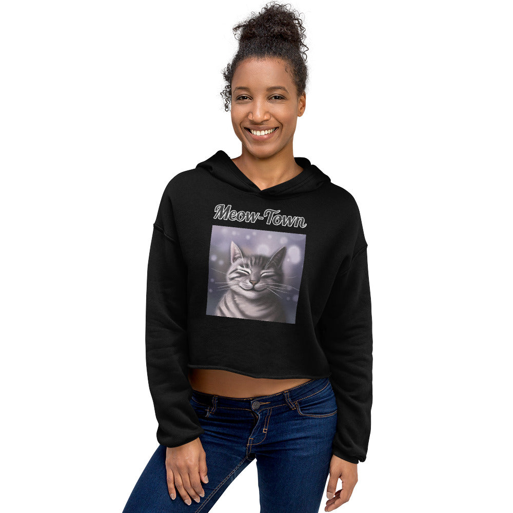Women's Cropped Hoodie with text Smiling Cat with a text 