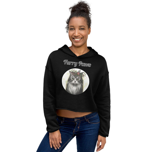 Women's Cropped Hoodie with text Wispy Haired Cat With Flowers with a text "Furry Paws" at $48.99 found at Personalizedpetlovergifts