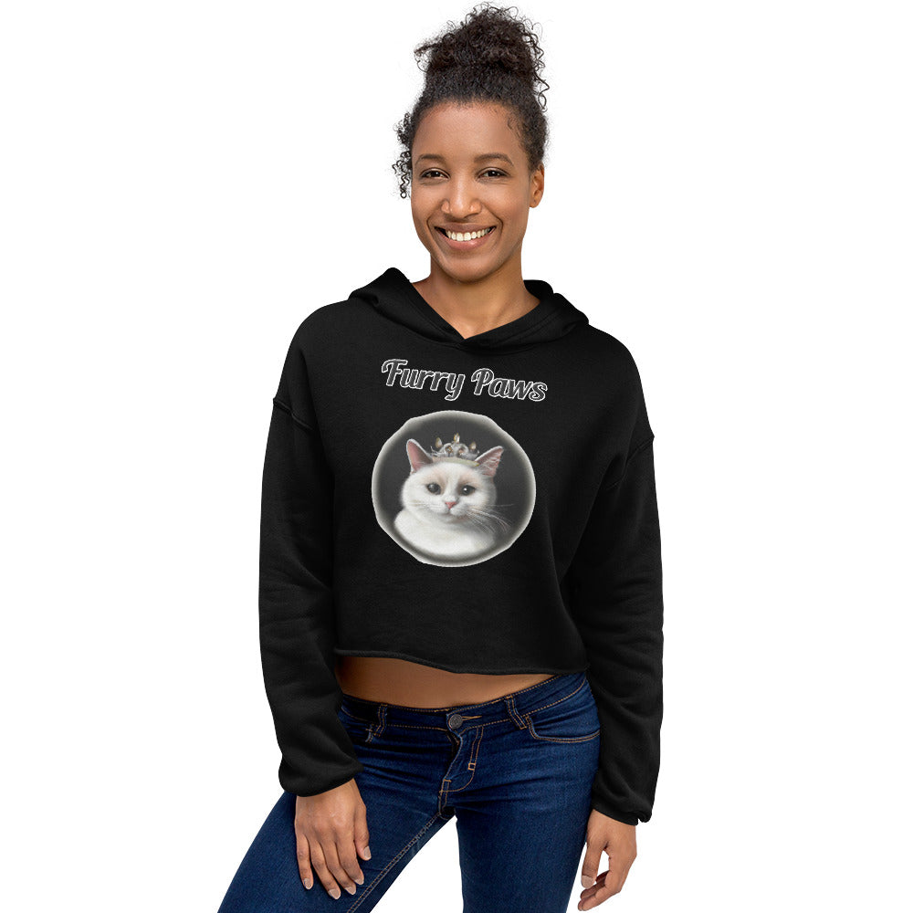 Women's Cropped Hoodie with text White Cat With a Tiara with a text "Furry Paws" at $40.5 found at Personalizedpetlovergifts