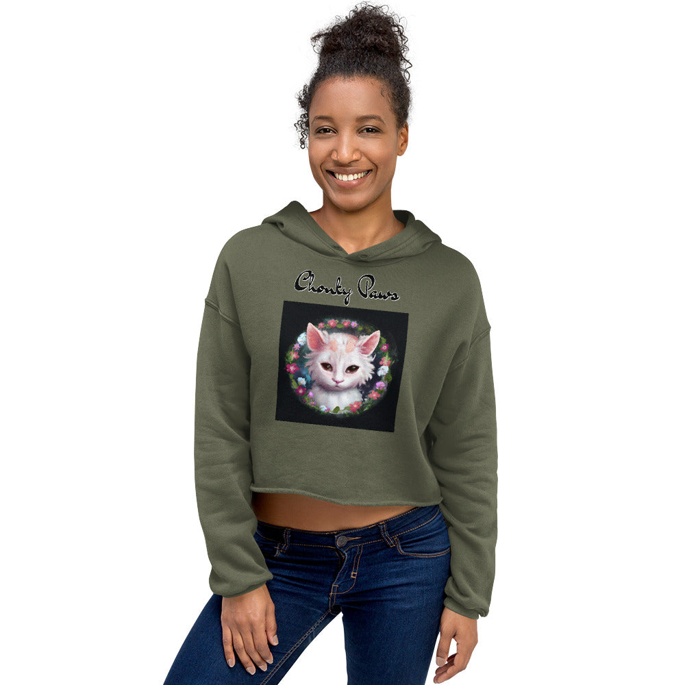 Women's Cropped Hoodie with Kitten In a Floral Circle with text "Chonky Paws" at $48.99 found at Personalizedpetlovergifts