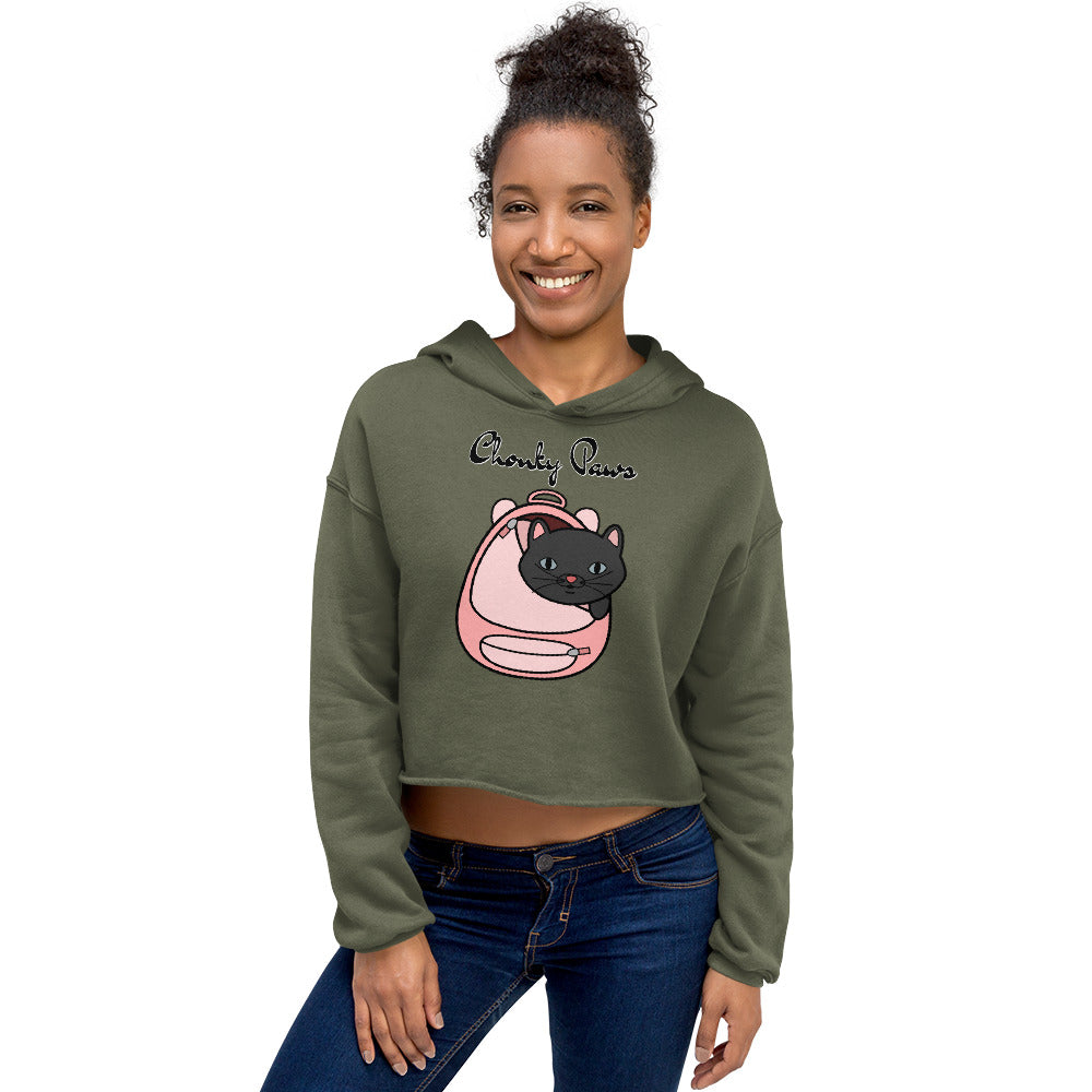 Women's Cropped Hoodie with Kitten In a Backpack with text "Chonky Paws" at $48.99 found at Personalizedpetlovergifts