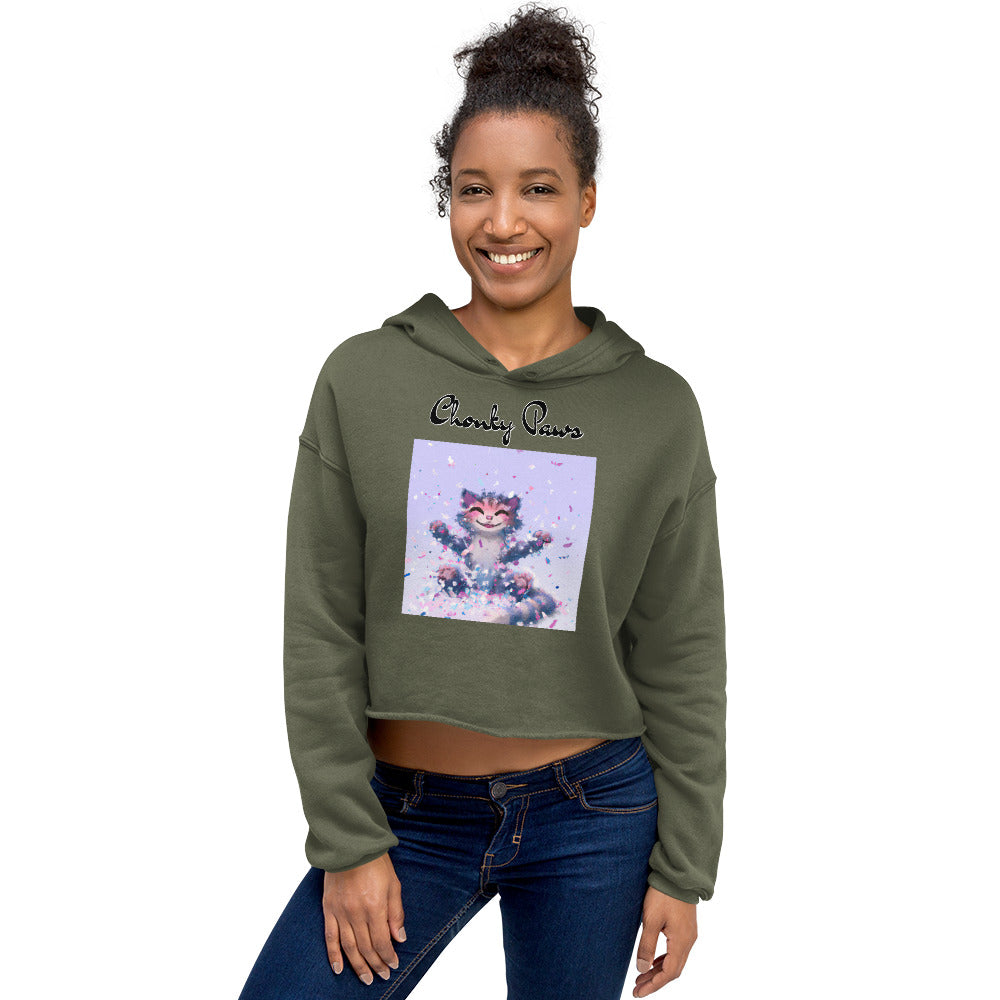 Women's Cropped Hoodie with Kitten Enjoying Confetti with text "Chonky Paws" at $48.99 found at Personalizedpetlovergifts