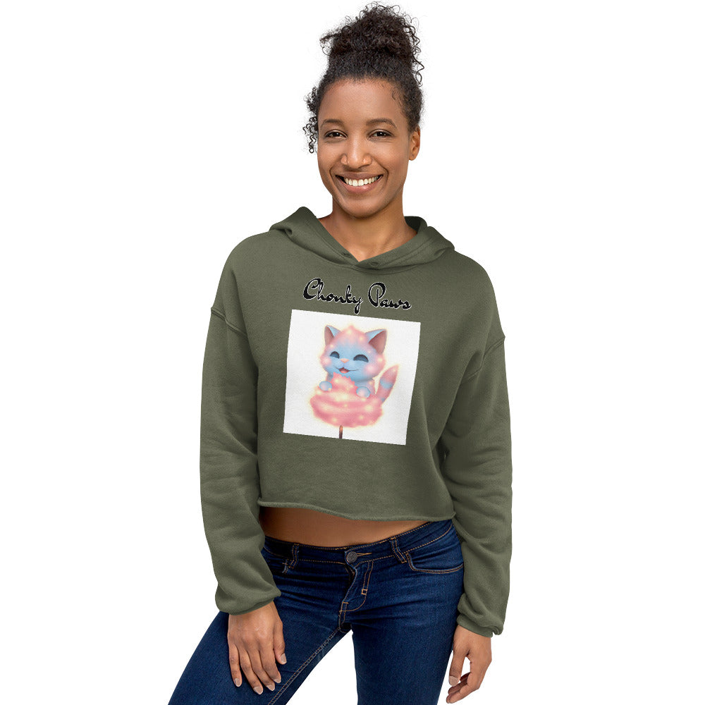 Women's Cropped Hoodie with Kitten Enjoying a Cotton Candy with text "Chonky Paws" at $48.99 found at Personalizedpetlovergifts