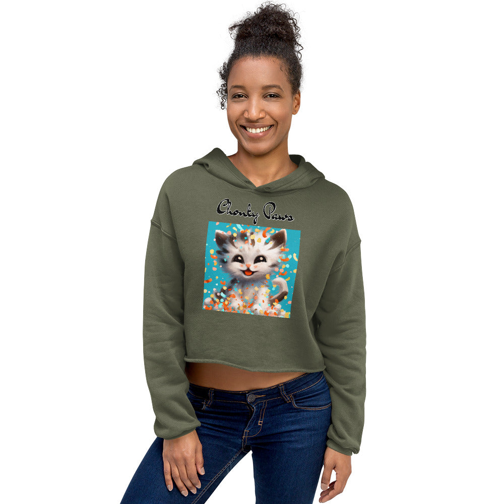 Women's Cropped Hoodie with Happy Kitten With Confetti with text "Chonky Paws" at $48.99 found at Personalizedpetlovergifts