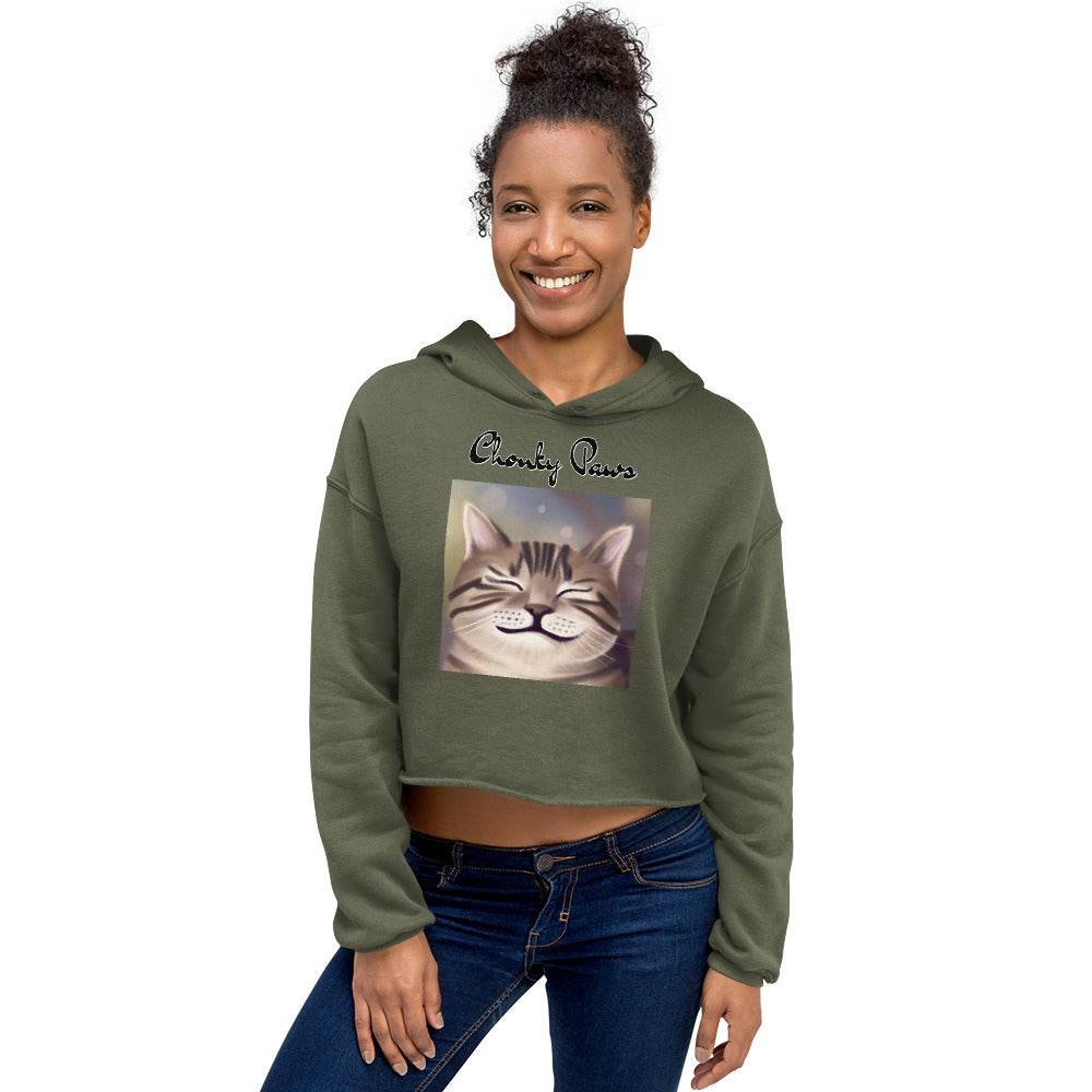 Women's Cropped Hoodie with Happy Cat Purring with text "Chonky Paws" at $48.99 found at Personalizedpetlovergifts