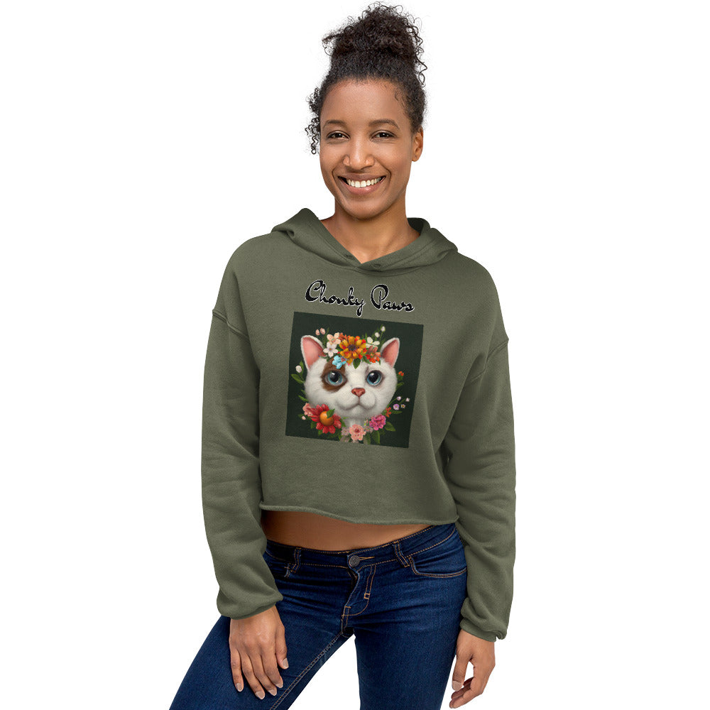 Women's Cropped Hoodie with Happy Cat Portrait With Flowers with text "Chonky Paws" at $48.99 found at Personalizedpetlovergifts