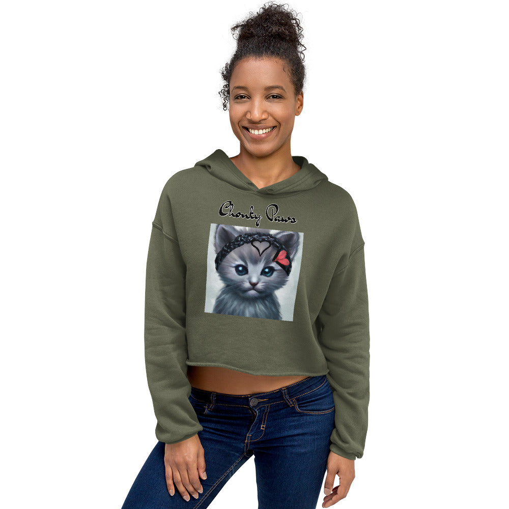 Women's Cropped Hoodie with Grey Kitten With a Headband with text "Chonky Paws" at $48.99 found at Personalizedpetlovergifts