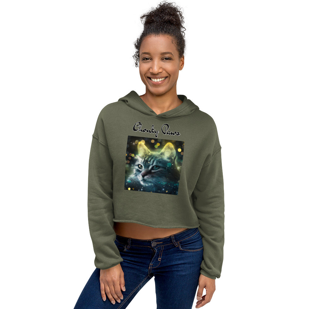 Women's Cropped Hoodie with Green Space Cat with text "Chonky Paws" at $48.99 found at Personalizedpetlovergifts