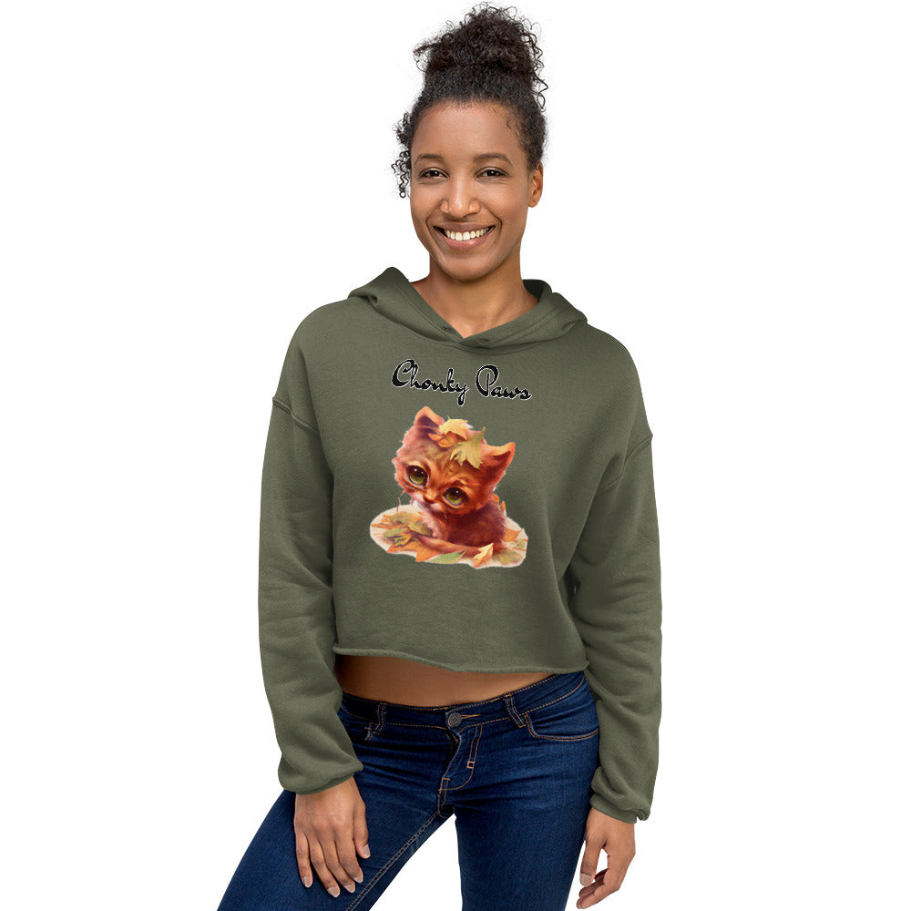 Women's Cropped Hoodie with Ginger Cat With Autumn Leaves with text "Chonky Paws" at $48.99 found at Personalizedpetlovergifts