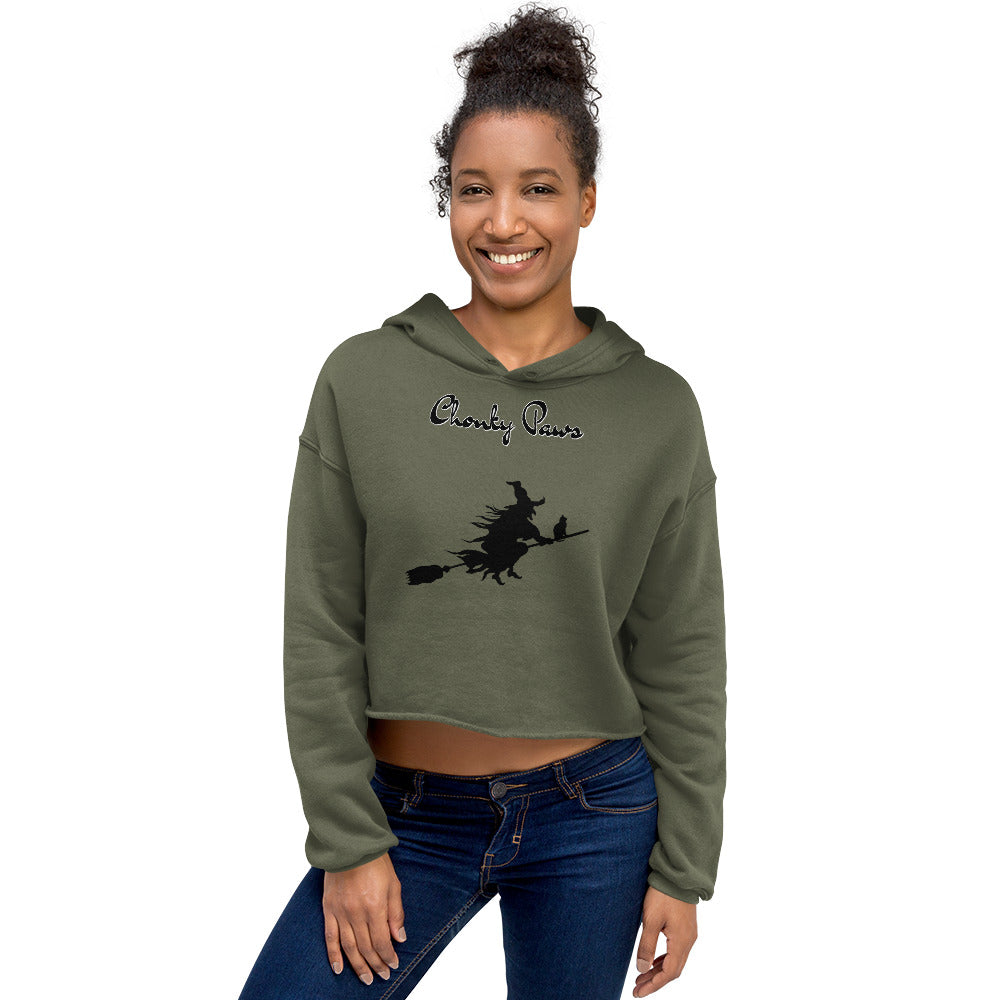 Women's Cropped Hoodie with Flying Witch With Cat On a Broom with text "Chonky Paws" at $48.99 found at Personalizedpetlovergifts