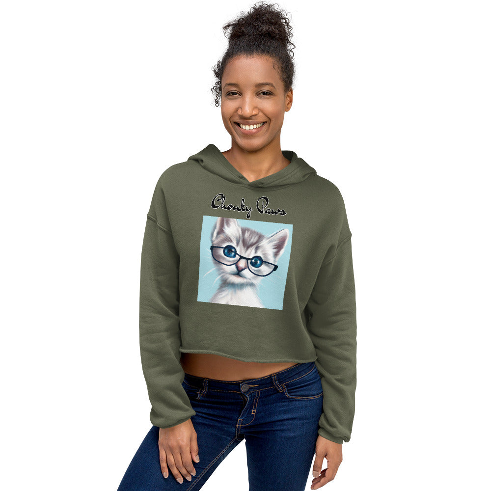 Women's Cropped Hoodie with Fluffy Kitten With Glasses with text "Chonky Paws" at $48.99 found at Personalizedpetlovergifts