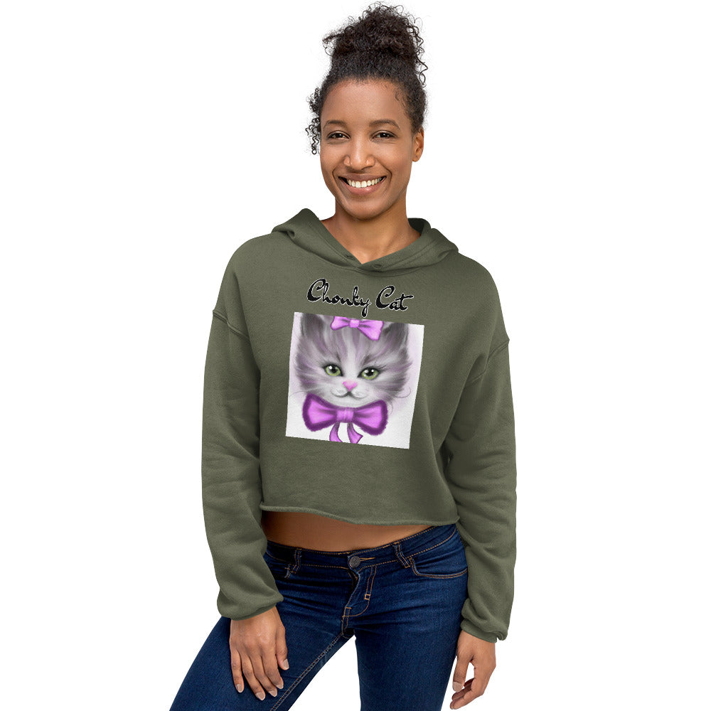 Women's Cropped Hoodie with Happy Kitten With a Purple Bow with text "Chonky Cat" at $48.99 found at Personalizedpetlovergifts