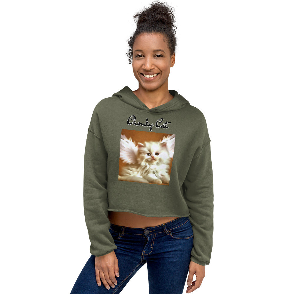 Women's Cropped Hoodie with Fluffy White Kitten With Angel Wings with text "Chonky Cat" at $48.99 found at Personalizedpetlovergifts