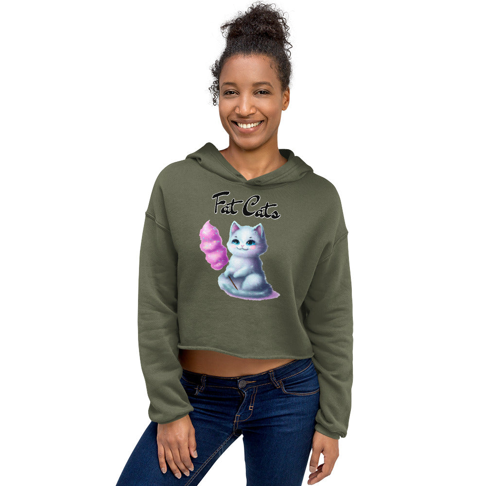 Women's Cropped Hoodie with Kitten Holding A Cotton Candy with text "Fat Cats" at $48.99 found at Personalizedpetlovergifts