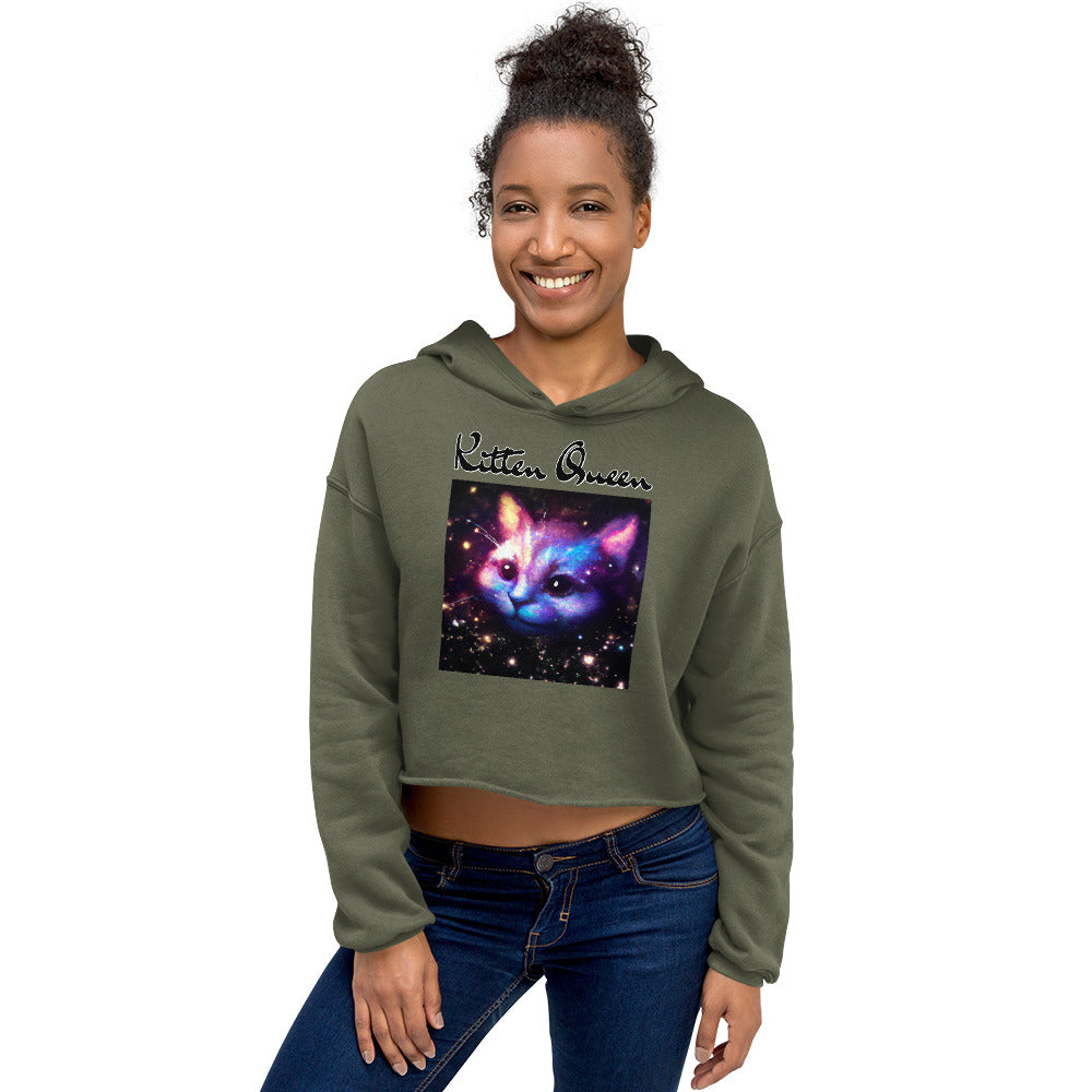 Women's Cropped Hoodie with Galaxy Cat with text "Kitten Queen" at $48.99 found at Personalizedpetlovergifts