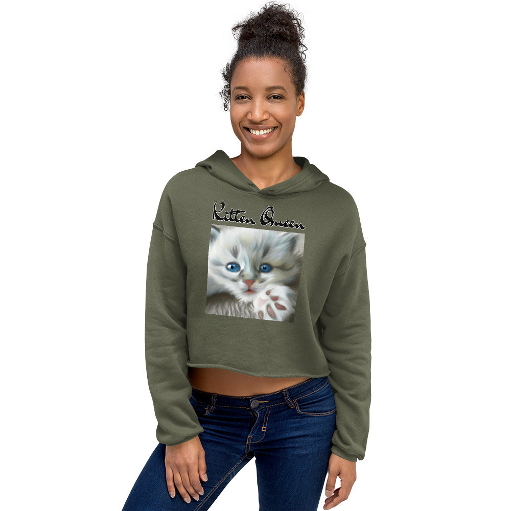 Women's Cropped Hoodie with Fluffy Kitten With Fluffy Paw with text "Kitten Queen" at $48.99 found at Personalizedpetlovergifts