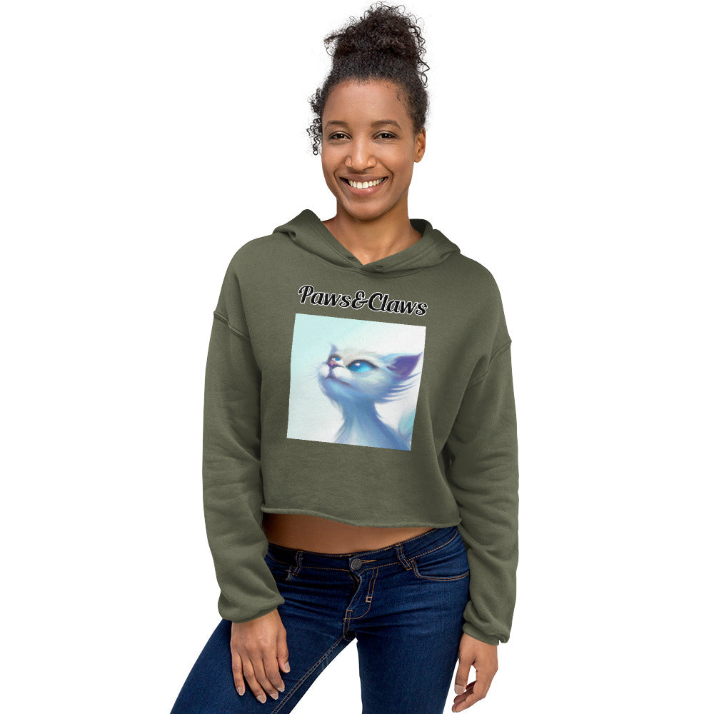 Women's Cropped Hoodie with text White Wind Swept Kitten With Blue Eyes with a text "Paws&Claws" at $48.99 found at Personalizedpetlovergifts