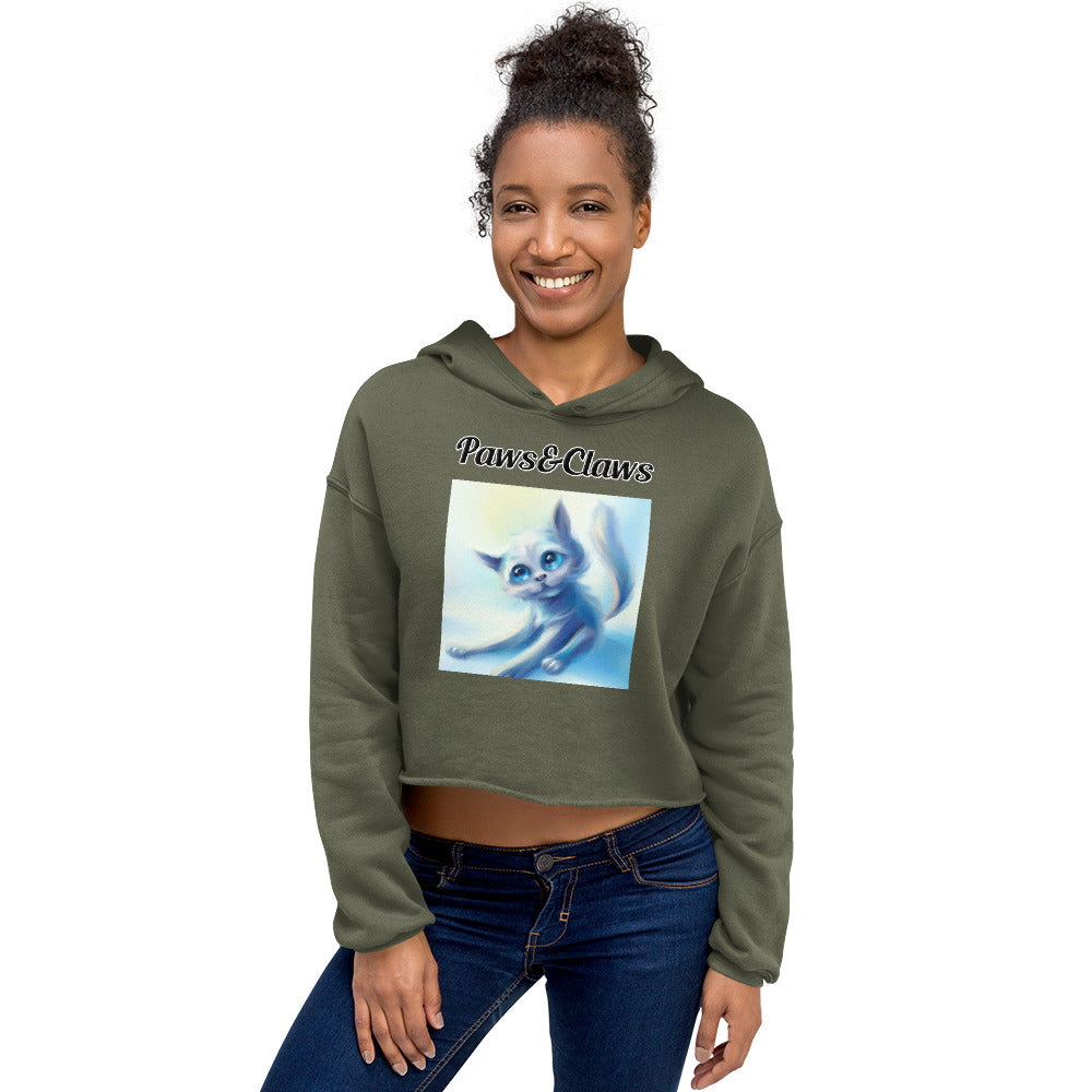 Women's Cropped Hoodie with text White Kitten Stretching with a text "Paws&Claws" at $48.99 found at Personalizedpetlovergifts