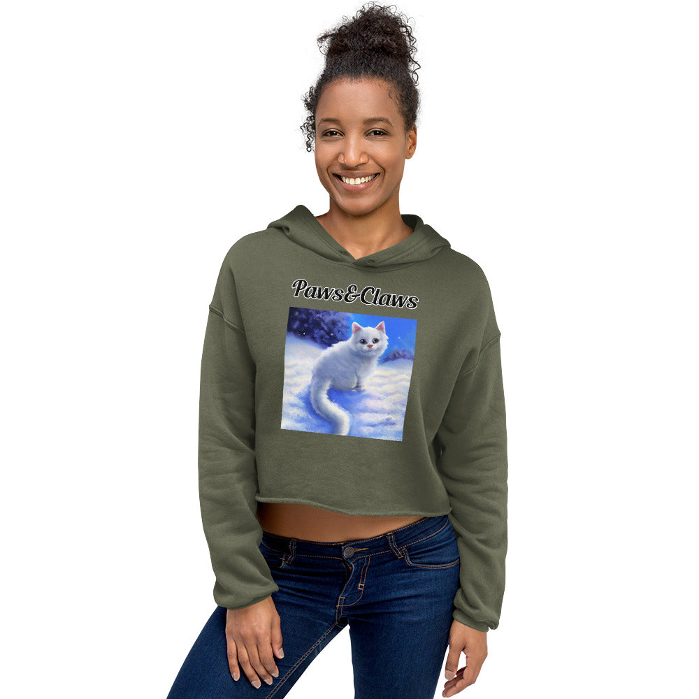 Women's Cropped Hoodie with text White Kitten In Winter with a text "Paws&Claws" at $48.99 found at Personalizedpetlovergifts