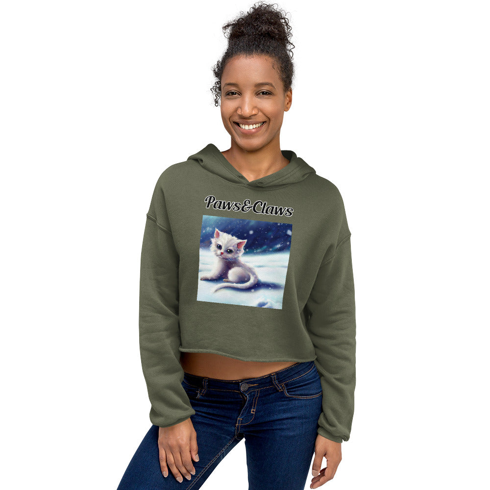 Women's Cropped Hoodie with text White Kitten In The Snow with a text "Paws&Claws" at $48.99 found at Personalizedpetlovergifts