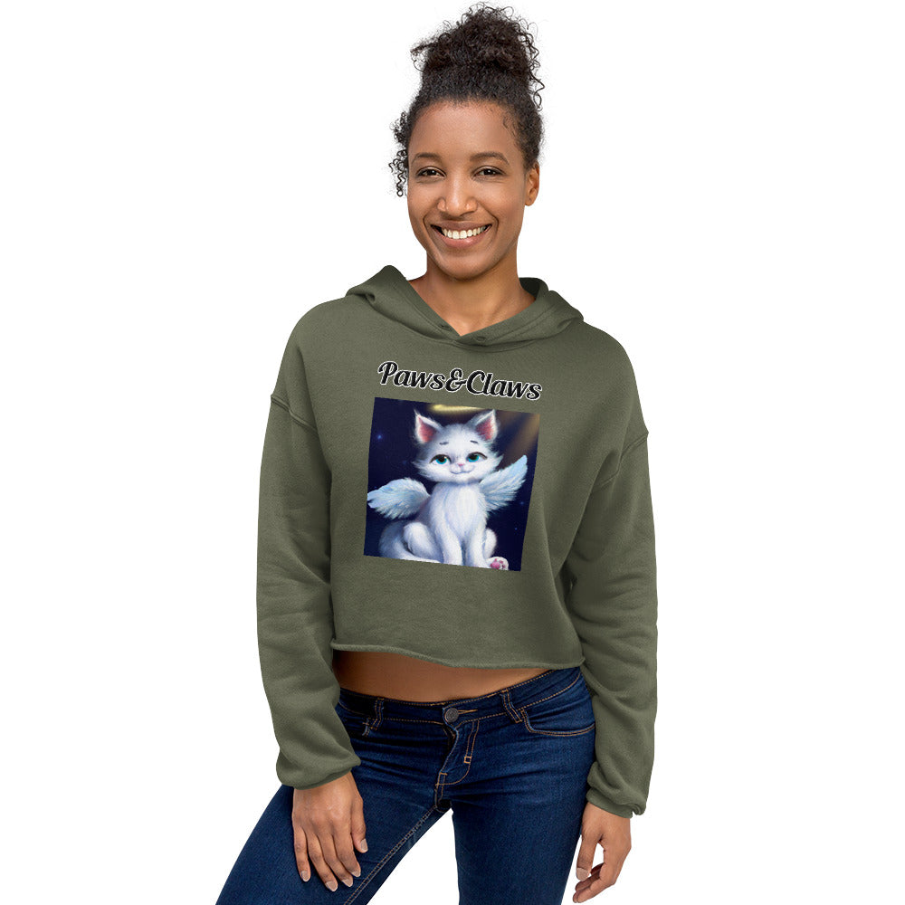 Women's Cropped Hoodie with text White Angel Cat with a text "Paws&Claws" at $48.99 found at Personalizedpetlovergifts