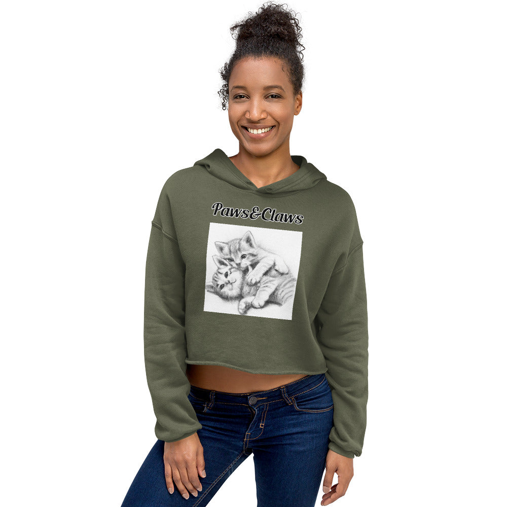 Women's Cropped Hoodie with text Two Cute Kittens Hugging Pencil Drawing with a text "Paws&Claws" at $48.99 found at Personalizedpetlovergifts