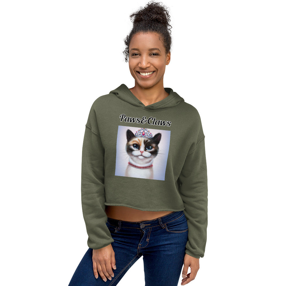 Women's Cropped Hoodie with text Tri-Colored Cat With A Tiara with a text "Paws&Claws" at $48.99 found at Personalizedpetlovergifts