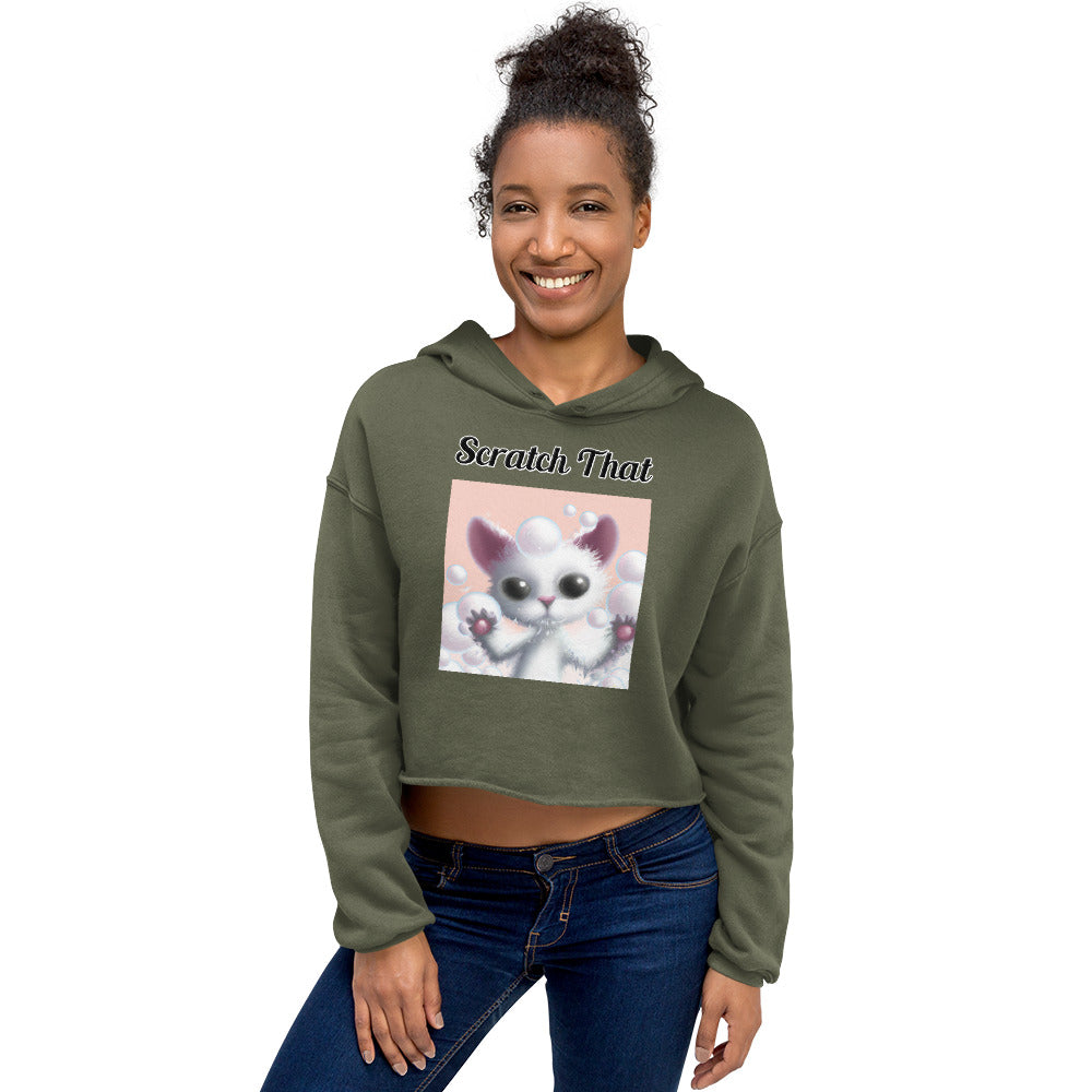 Women's Cropped Hoodie with text White Kitten Playing With Bubbles with a text "Scratch That" at $48.99 found at Personalizedpetlovergifts