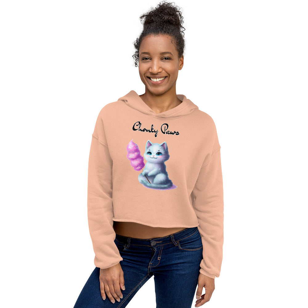 Women's Cropped Hoodie with Kitten Holding A Cotton Candy with text "Chonky Paws" at $48.99 found at Personalizedpetlovergifts