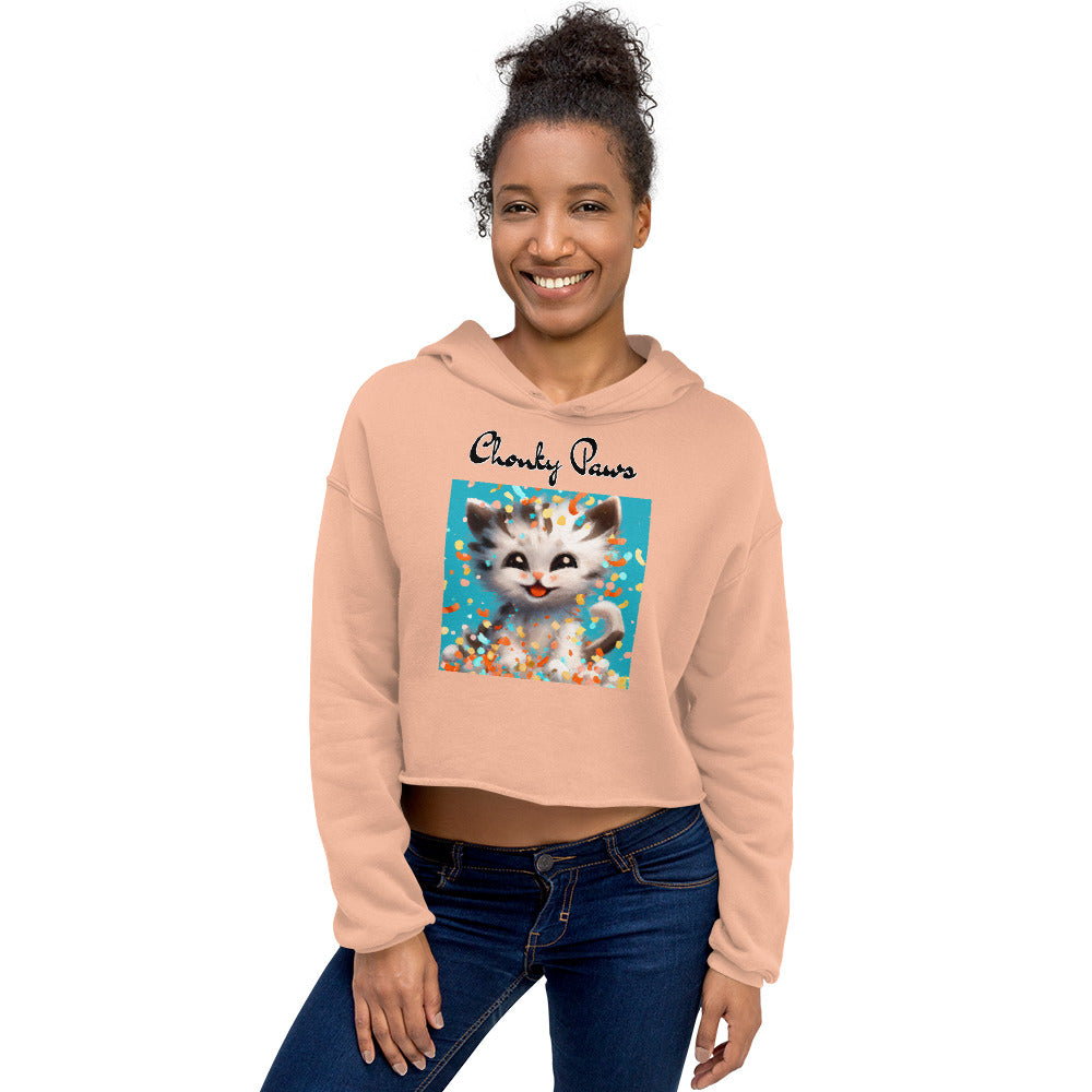 Women's Cropped Hoodie with Happy Kitten With Confetti with text "Chonky Paws" at $48.99 found at Personalizedpetlovergifts