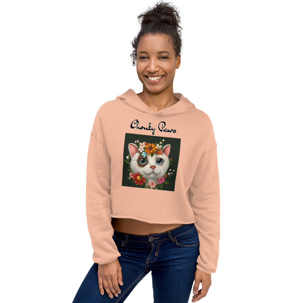 Women's Cropped Hoodie with Happy Cat Portrait With Flowers with text "Chonky Paws" at $48.99 found at Personalizedpetlovergifts