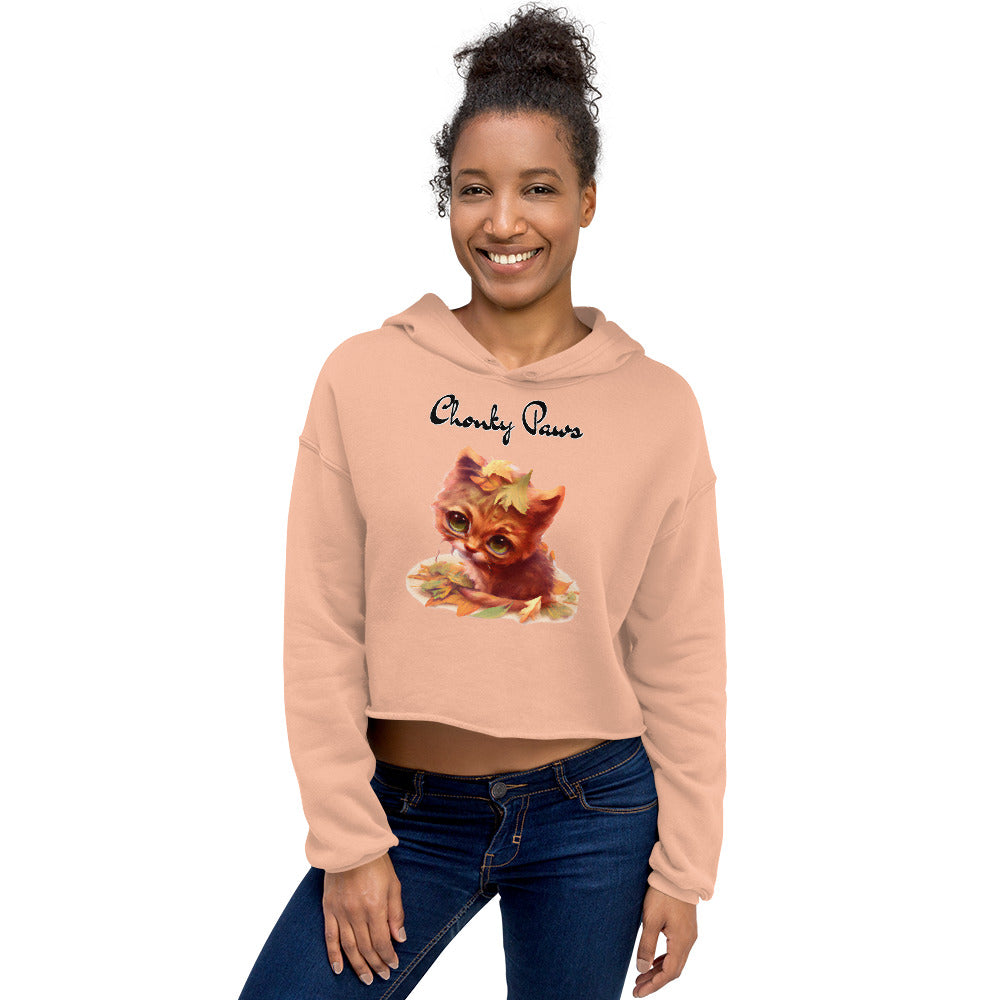 Women's Cropped Hoodie with Ginger Cat With Autumn Leaves with text "Chonky Paws" at $48.99 found at Personalizedpetlovergifts