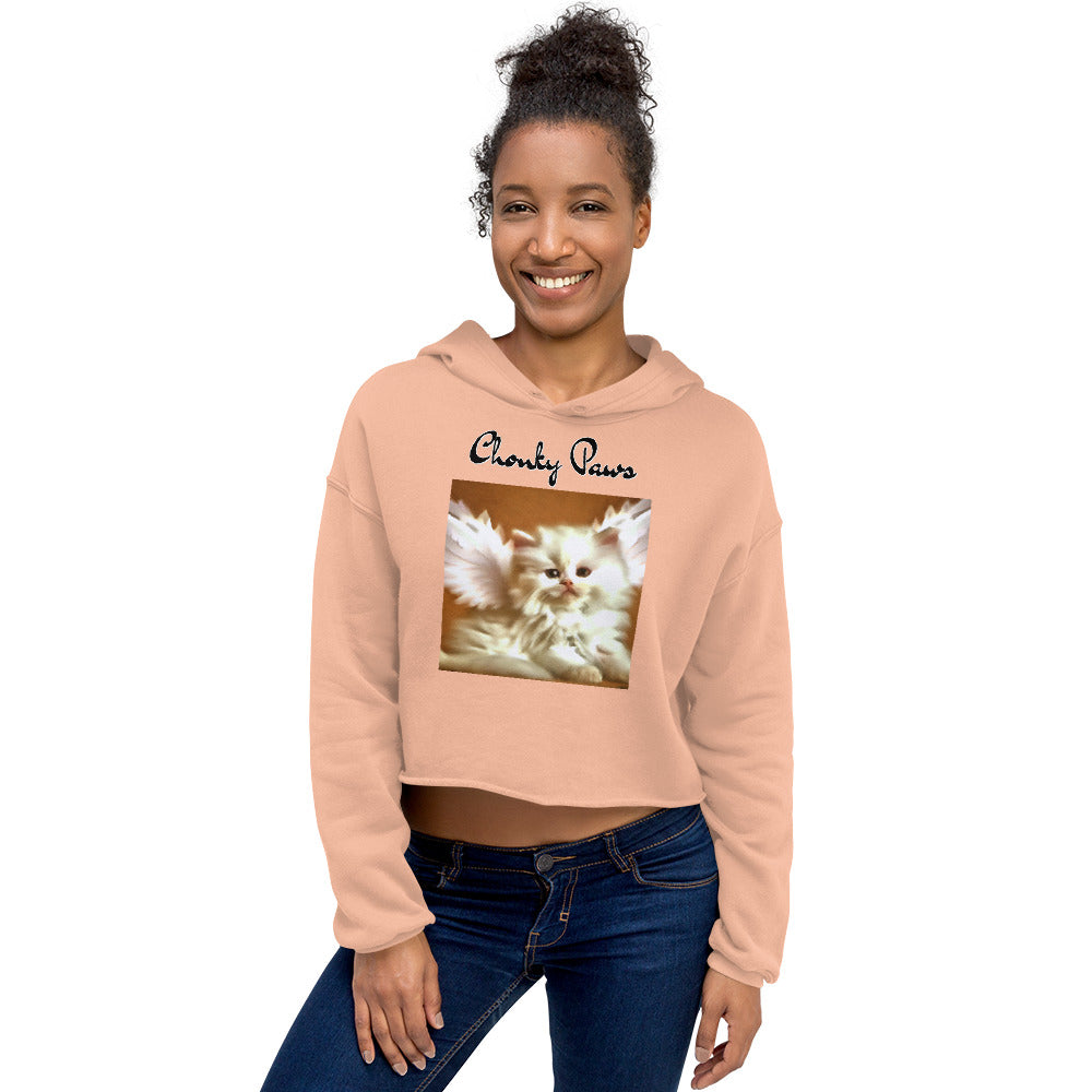 Women's Cropped Hoodie with Fluffy White Kitten With Angel Wings with text "Chonky Paws" at $48.99 found at Personalizedpetlovergifts