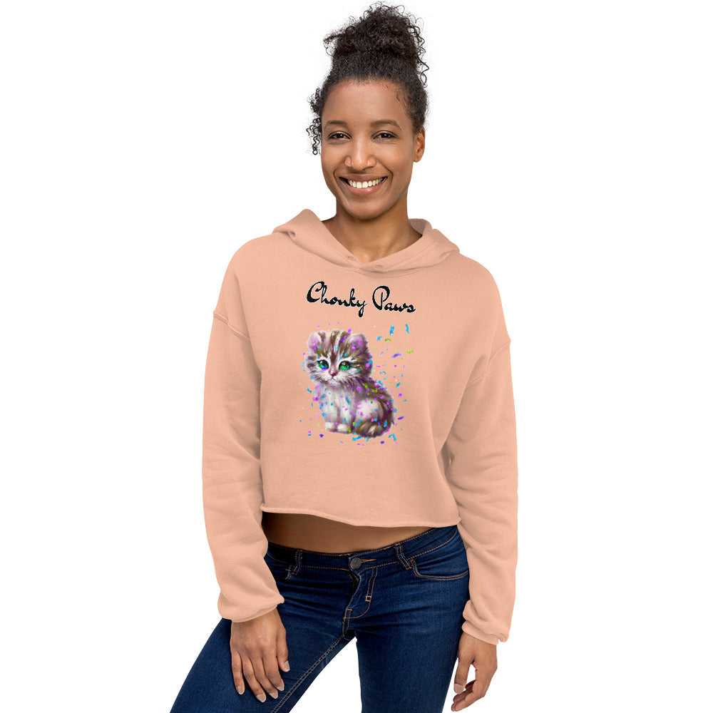 Women's Cropped Hoodie with Fluffy Kitten With Confetti with text "Chonky Paws" at $48.99 found at Personalizedpetlovergifts