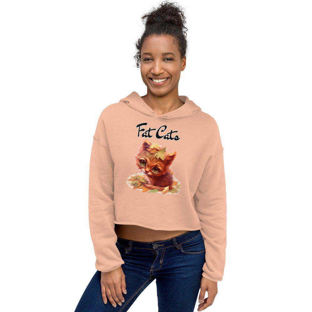 Women's Cropped Hoodie with Ginger Cat With Autumn Leaves with text "Fat Cats" at $48.99 found at Personalizedpetlovergifts