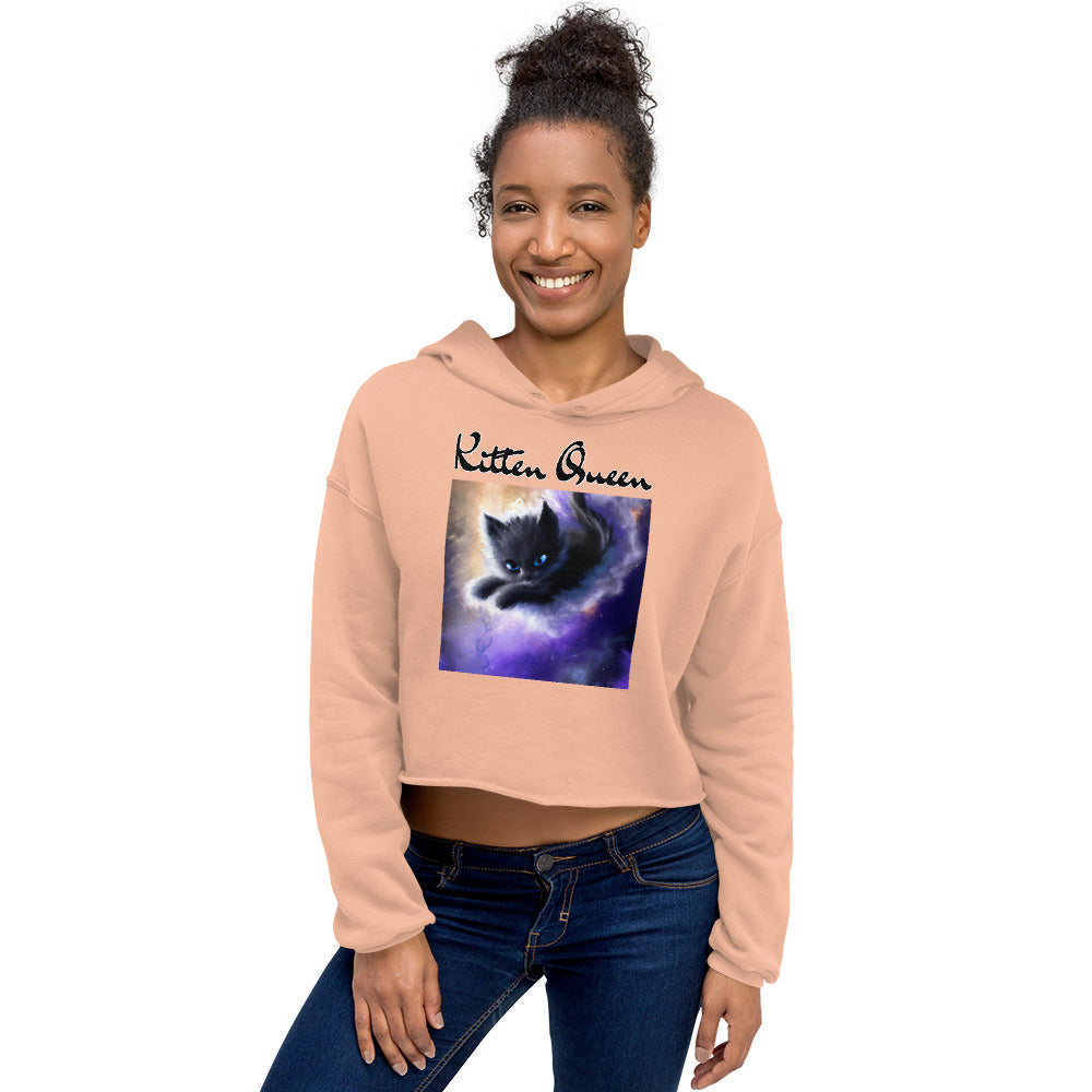 Women's Cropped Hoodie with Kitten In A Cosmic Cloud with text "Kitten Queen" at $48.99 found at Personalizedpetlovergifts