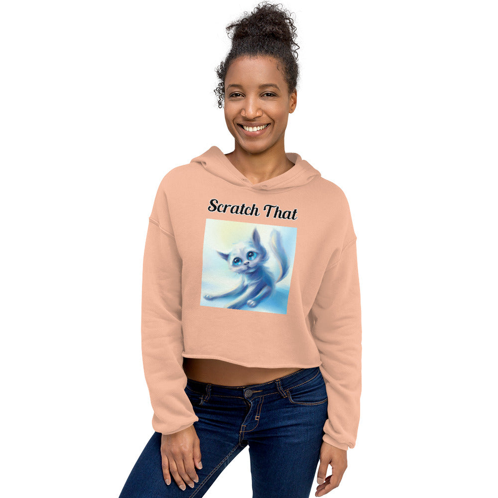 Women's Cropped Hoodie with text White Kitten Stretching with a text "Scratch That" at $48.99 found at Personalizedpetlovergifts