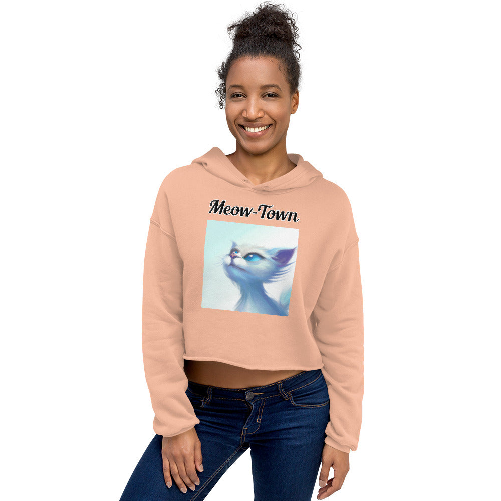 Women's Cropped Hoodie with text White Wind Swept Kitten With Blue Eyes with a text "Meow-Town" at $48.99 found at Personalizedpetlovergifts