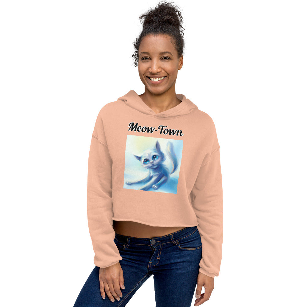 Women's Cropped Hoodie with text White Kitten Stretching with a text "Meow-Town" at $48.99 found at Personalizedpetlovergifts