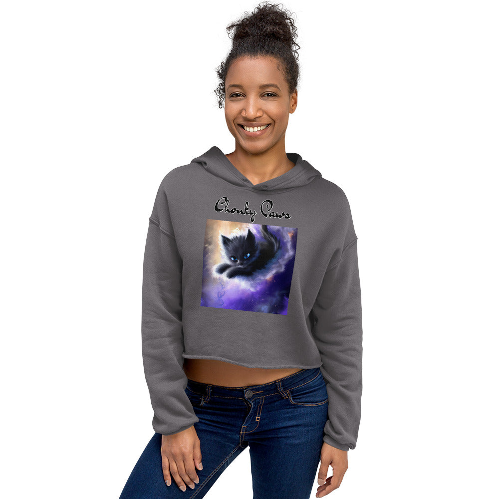 Women's Cropped Hoodie with Kitten In A Cosmic Cloud with text "Chonky Paws" at $48.99 found at Personalizedpetlovergifts