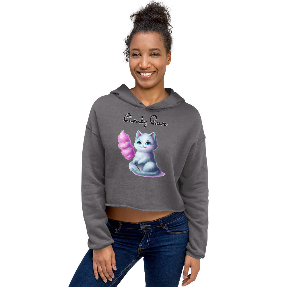 Women's Cropped Hoodie with Kitten Holding A Cotton Candy with text "Chonky Paws" at $48.99 found at Personalizedpetlovergifts