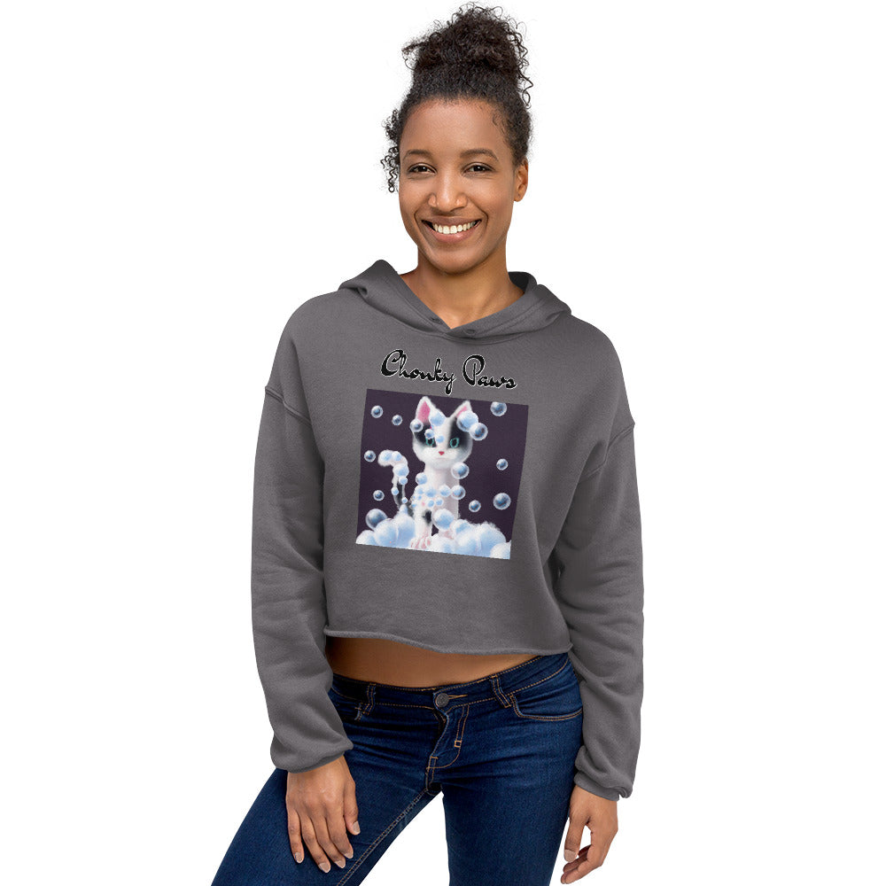 Women's Cropped Hoodie with Kitten Covered In Bubbles with text "Chonky Paws" at $48.99 found at Personalizedpetlovergifts