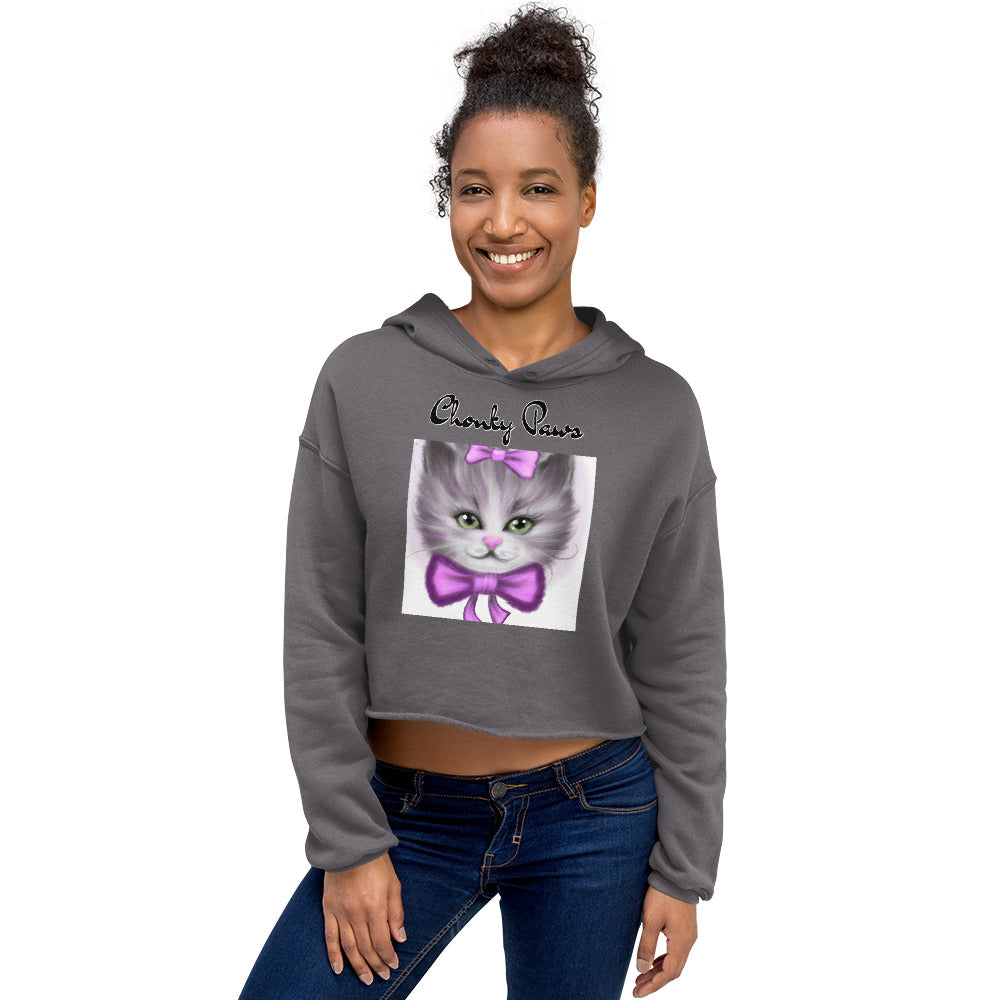 Women's Cropped Hoodie with Happy Kitten With a Purple Bow with text "Chonky Paws" at $48.99 found at Personalizedpetlovergifts