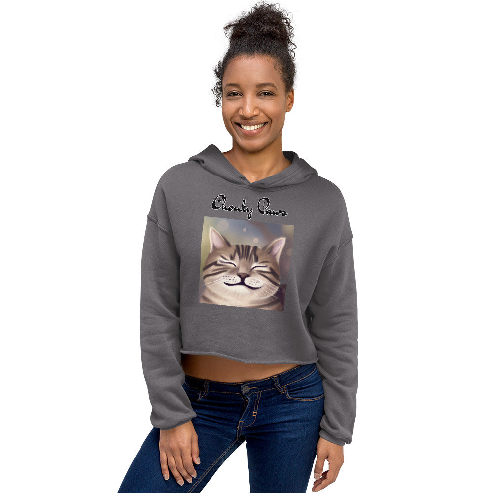 Women's Cropped Hoodie with Happy Cat Purring with text "Chonky Paws" at $48.99 found at Personalizedpetlovergifts