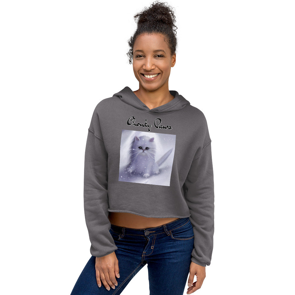 Women's Cropped Hoodie with Fluffy White Kitten In The SNow with text "Chonky Paws" at $48.99 found at Personalizedpetlovergifts