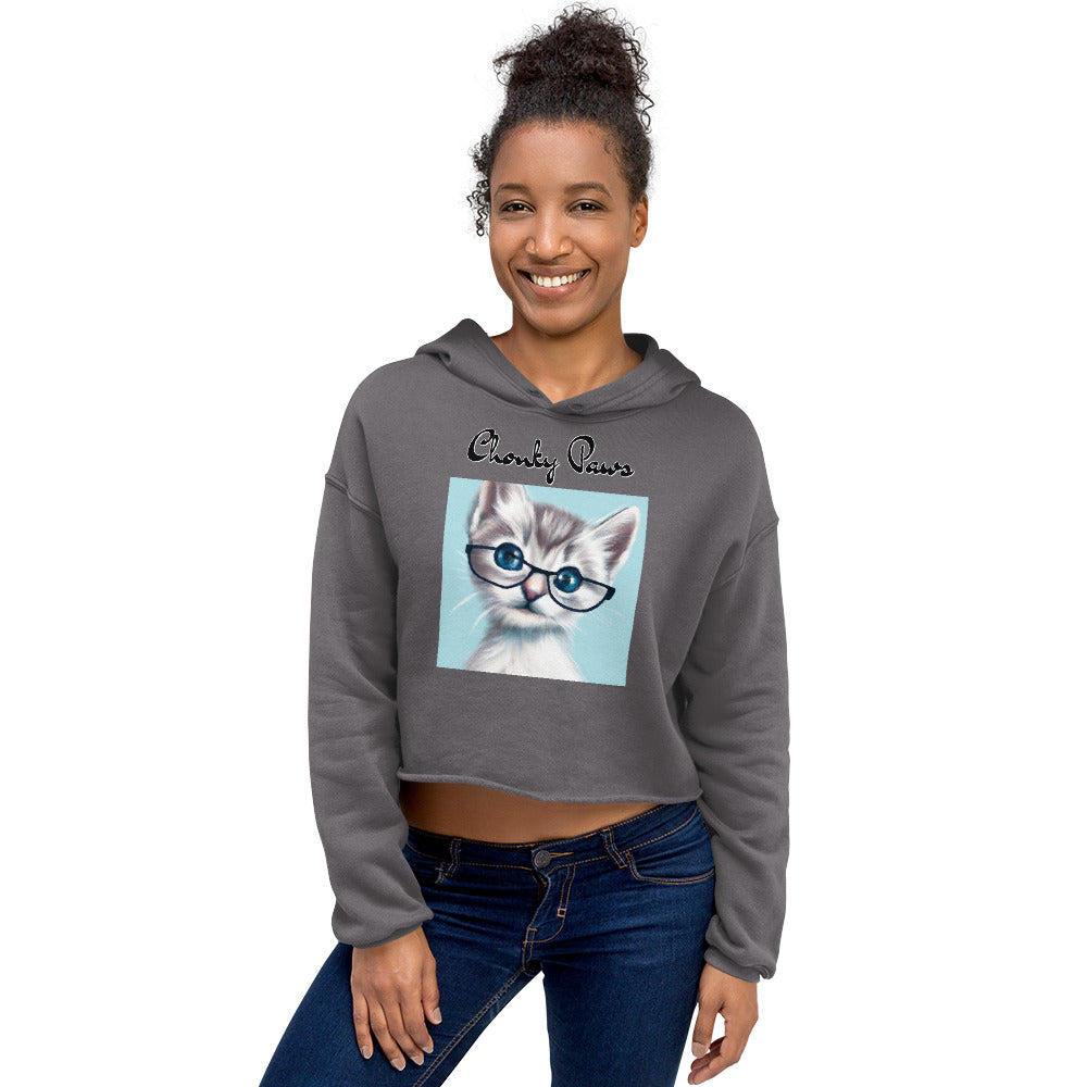 Women's Cropped Hoodie with Fluffy Kitten With Glasses with text "Chonky Paws" at $48.99 found at Personalizedpetlovergifts