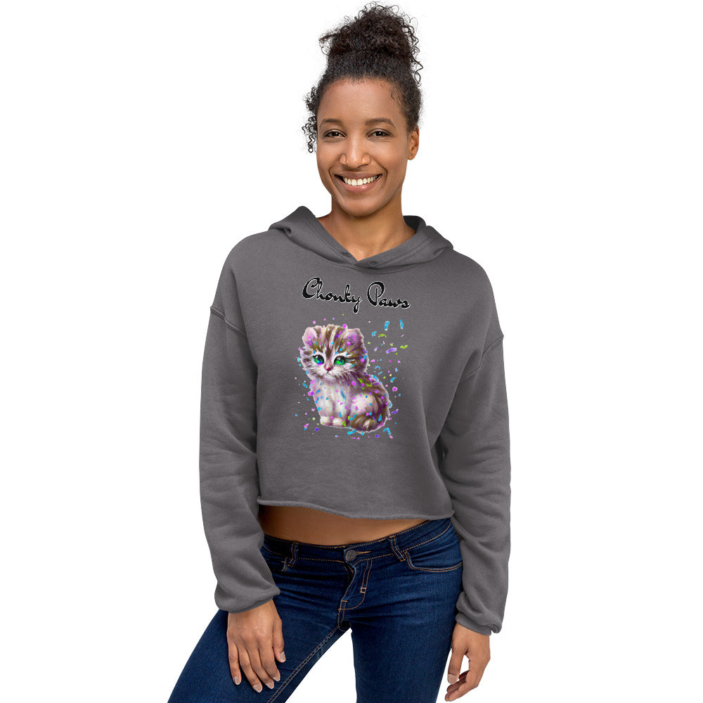 Women's Cropped Hoodie with Fluffy Kitten With Confetti with text "Chonky Paws" at $48.99 found at Personalizedpetlovergifts