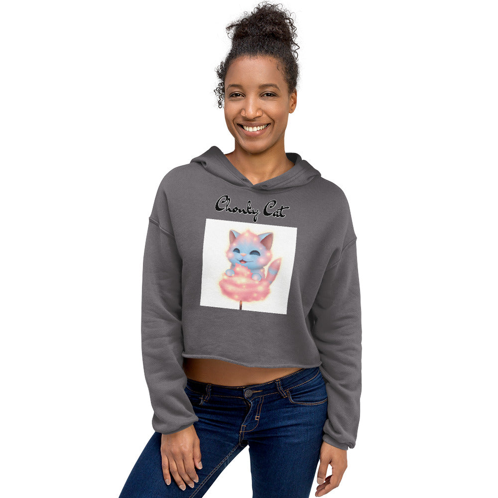 Women's Cropped Hoodie with Kitten Enjoying a Cotton Candy with text "Chonky Cat" at $48.99 found at Personalizedpetlovergifts