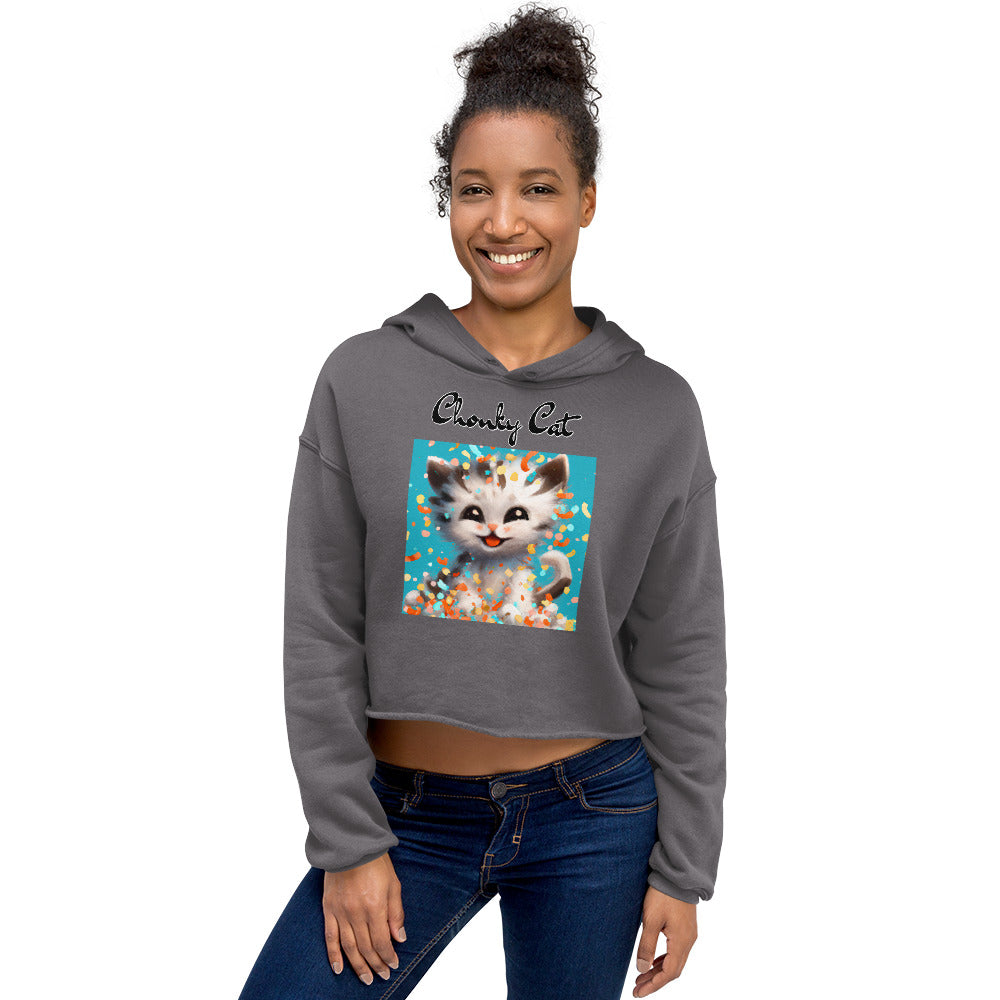 Women's Cropped Hoodie with Happy Kitten With Confetti with text "Chonky Cat" at $48.99 found at Personalizedpetlovergifts