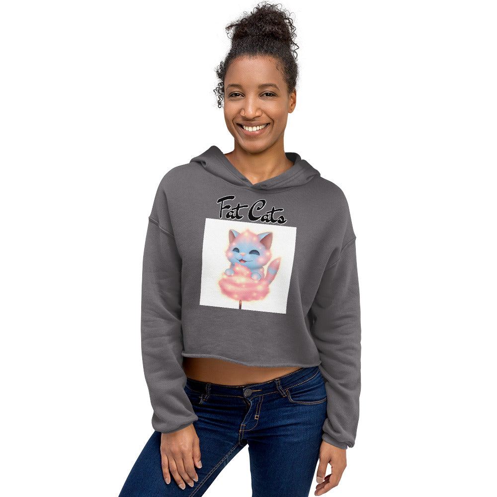 Women's Cropped Hoodie with Kitten Enjoying a Cotton Candy with text "Fat Cats" at $48.99 found at Personalizedpetlovergifts